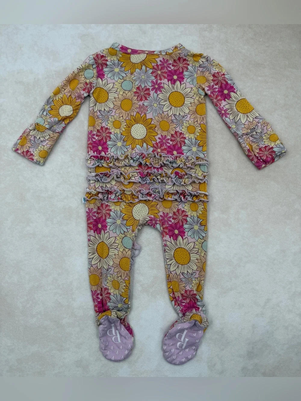 Posh Peanut Sunflower & Daisy Zip Footed One-Piece - Pink, Yellow, Cream
